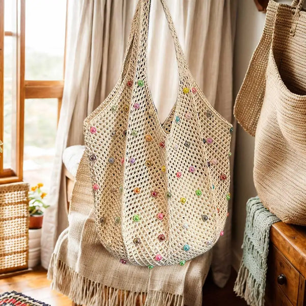 Zomerse Gebreide Tote Bag met Kralen – In Vier Kleuren