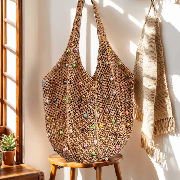 Zomerse Gebreide Tote Bag met Kralen – In Vier Kleuren