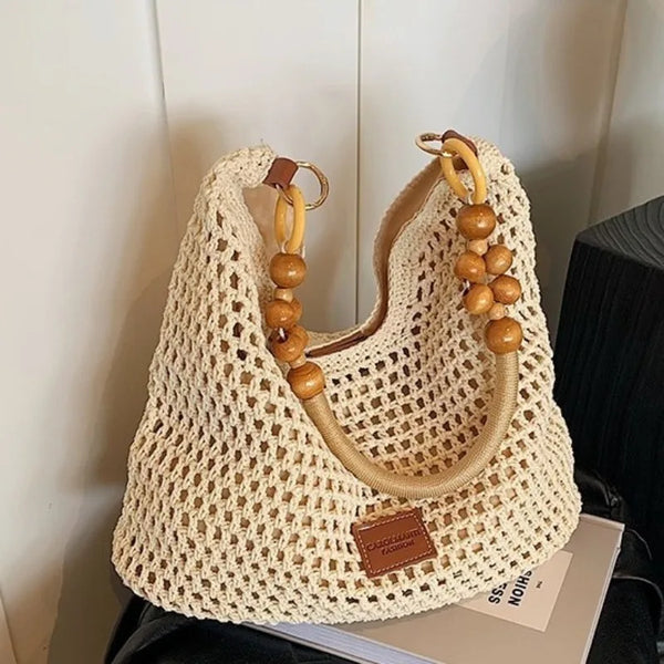 Zomerse Gehaakte Schouder-/Handtas – Naturel met Houten Accenten